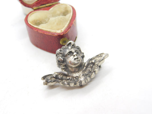 Victorian Sterling Silver Winged Cherub Sweetheart Brooch Antique c1860