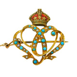 Victorian 15ct Gold, Enamel, Seed Pearl & Turquoise Sweetheart Brooch Antique