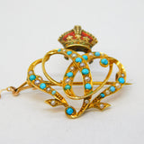 Victorian 15ct Gold, Enamel, Seed Pearl & Turquoise Sweetheart Brooch Antique