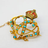 Victorian 15ct Gold, Enamel, Seed Pearl & Turquoise Sweetheart Brooch Antique
