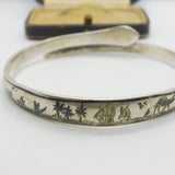 Victorian Eastern Sterling Silver Niello Enamel Snake Bangle Bracelet Antique