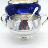 Arts & Crafts Sterling Silver Planished Sugar Bowl Set Boxed Antique 1909 London