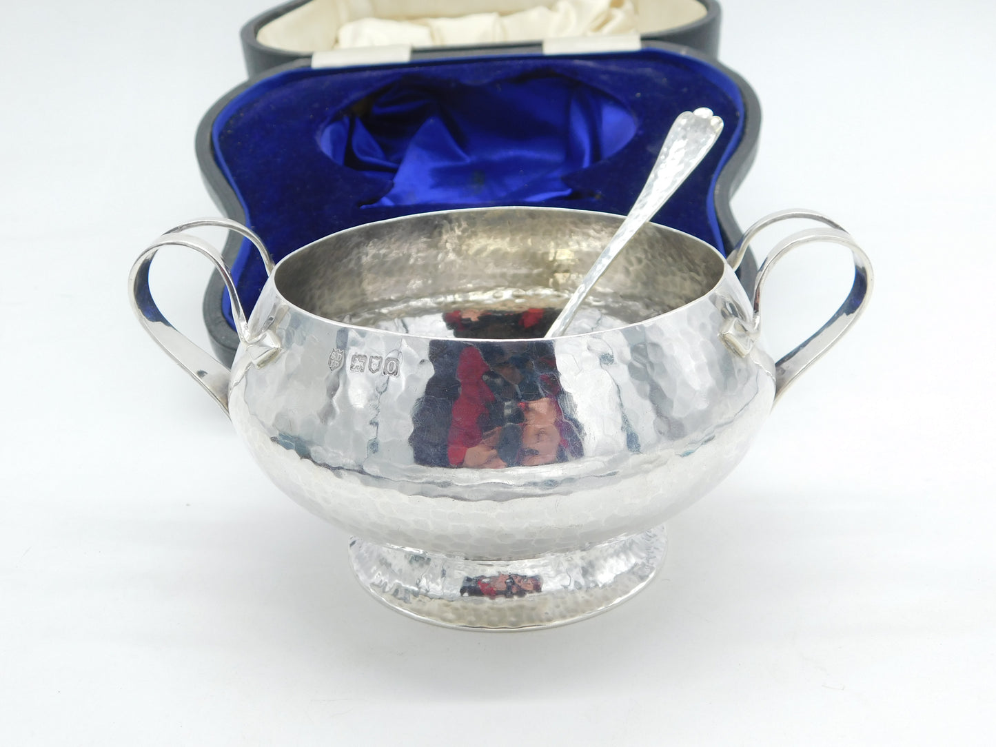 Arts & Crafts Sterling Silver Planished Sugar Bowl Set Boxed Antique 1909 London