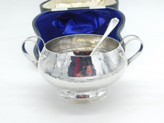 Arts & Crafts Sterling Silver Planished Sugar Bowl Set Boxed Antique 1909 London