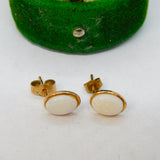 Pair of 9ct Yellow Gold & Cabochon White Opal Stud Earrings Vintage c1960