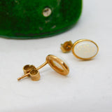 Pair of 9ct Yellow Gold & Cabochon White Opal Stud Earrings Vintage c1960