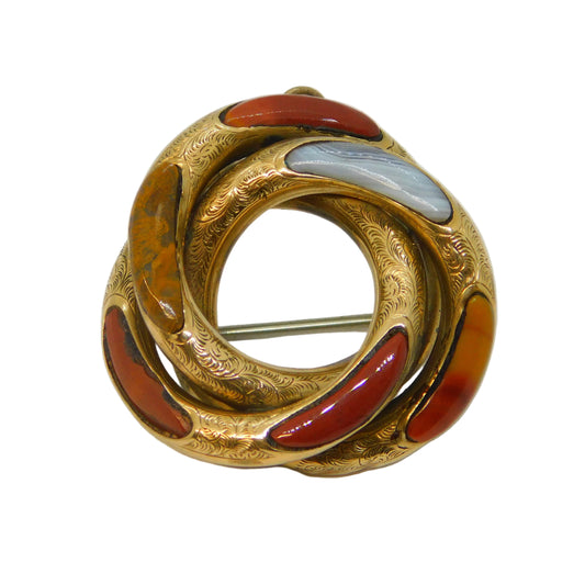 Victorian Scottish 9ct Gold, Montrose & Red Agate Knot Brooch Antique c1860