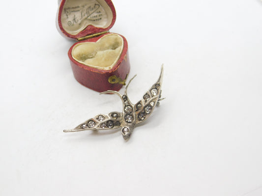 Victorian Sterling Silver Diamond Paste Swallow Sweetheart Brooch c1880 Antique