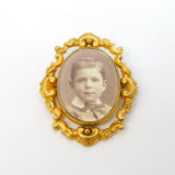Victorian Gold Plated Floral Sweetheart Portrait Locket Brooch Antique c1880
