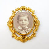 Victorian Gold Plated Floral Sweetheart Portrait Locket Brooch Antique c1880