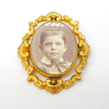 Victorian Gold Plated Floral Sweetheart Portrait Locket Brooch Antique c1880