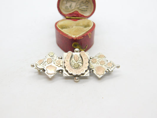 Victorian Rose Gold on Sterling Silver Horseshoe Sweetheart Brooch 1892