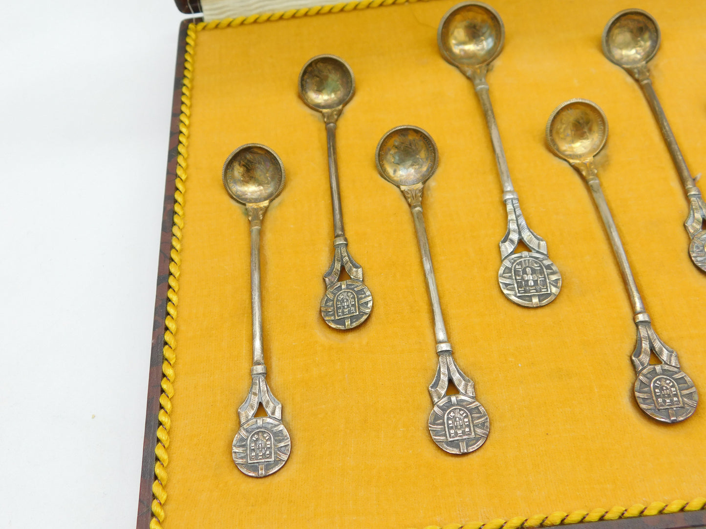 Boxed Set of Portuguese Sterling Silver Coin Teaspoons Antique 1915 Art Deco