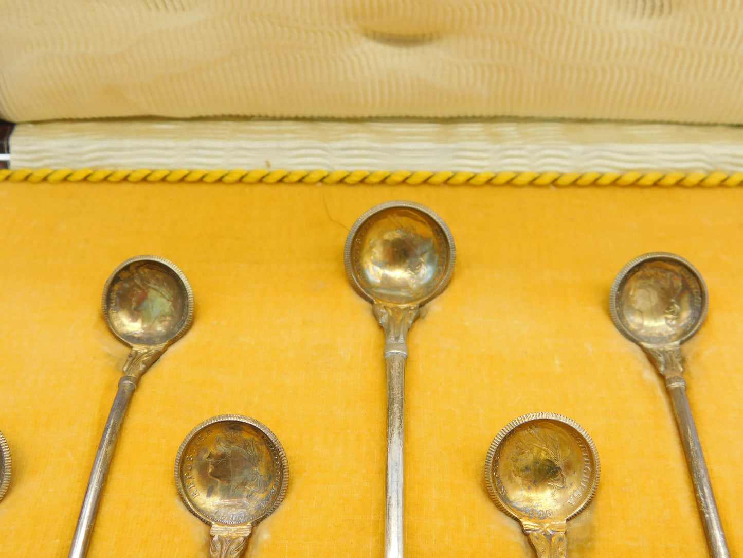 Boxed Set of Portuguese Sterling Silver Coin Teaspoons Antique 1915 Art Deco