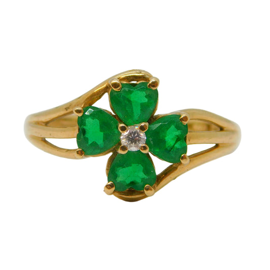 9ct Yellow Gold, Green & White Stone Set Floral Dress Ring Vintage c1990 London