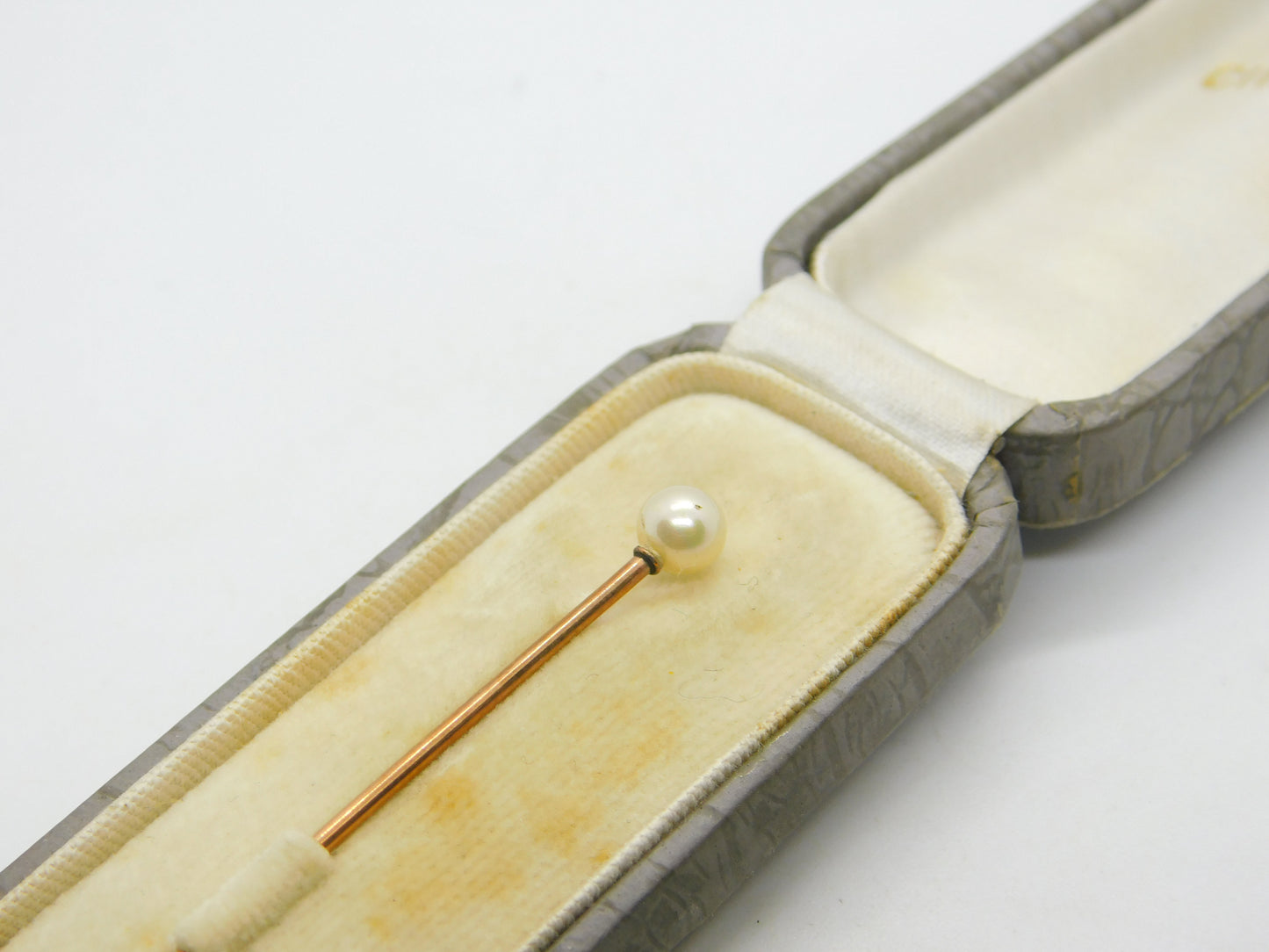 Boxed 9ct Gold & Natural Pearl Set Stick Pin by CINTRA Antique c1940 Deco