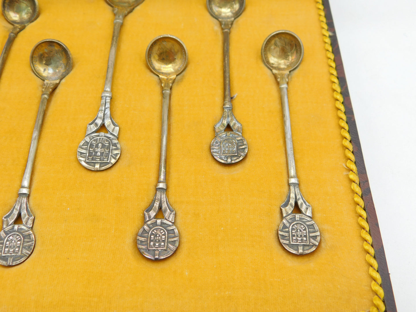 Boxed Set of Portuguese Sterling Silver Coin Teaspoons Antique 1915 Art Deco