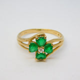 9ct Yellow Gold, Green & White Stone Set Floral Dress Ring Vintage c1990 London
