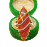 9ct Yellow Gold Mounted Large Marquise-Cut Banded Agate Ring Antique c1900