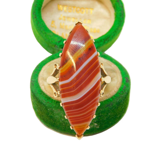 9ct Yellow Gold Mounted Large Marquise-Cut Banded Agate Ring Antique c1900