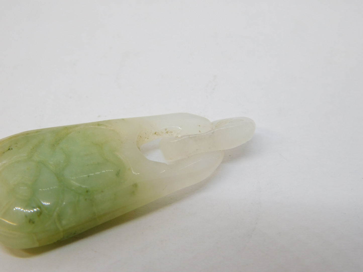 19th Century Chinese Carved Apple-Green Jade Floral Drop Pendant Antique c1860