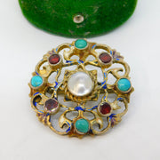 19th Century Austro-Hungarian Silver, Turquoise, Garnet & Pearl Brooch Antique
