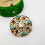 19th Century Austro-Hungarian Silver, Turquoise, Garnet & Pearl Brooch Antique