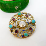 19th Century Austro-Hungarian Silver, Turquoise, Garnet & Pearl Brooch Antique