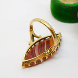 9ct Yellow Gold Mounted Large Marquise-Cut Banded Agate Ring Antique c1900