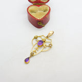 Edwardian 9ct Gold, Amethyst & Seed Pearl Lavalier Drop Pendant Antique c1910