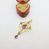 Edwardian 9ct Gold, Amethyst & Seed Pearl Lavalier Drop Pendant Antique c1910