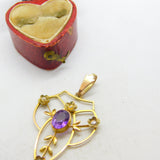 Edwardian 9ct Gold, Amethyst & Seed Pearl Lavalier Drop Pendant Antique c1910