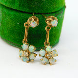9ct Yellow Gold, Opal & Diamond Set Floral Stud Drop Earrings Antique c1930