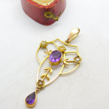 Edwardian 9ct Gold, Amethyst & Seed Pearl Lavalier Drop Pendant Antique c1910