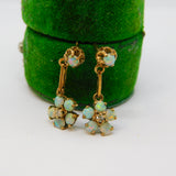 9ct Yellow Gold, Opal & Diamond Set Floral Stud Drop Earrings Antique c1930