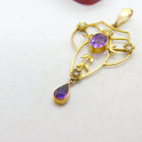 Edwardian 9ct Gold, Amethyst & Seed Pearl Lavalier Drop Pendant Antique c1910