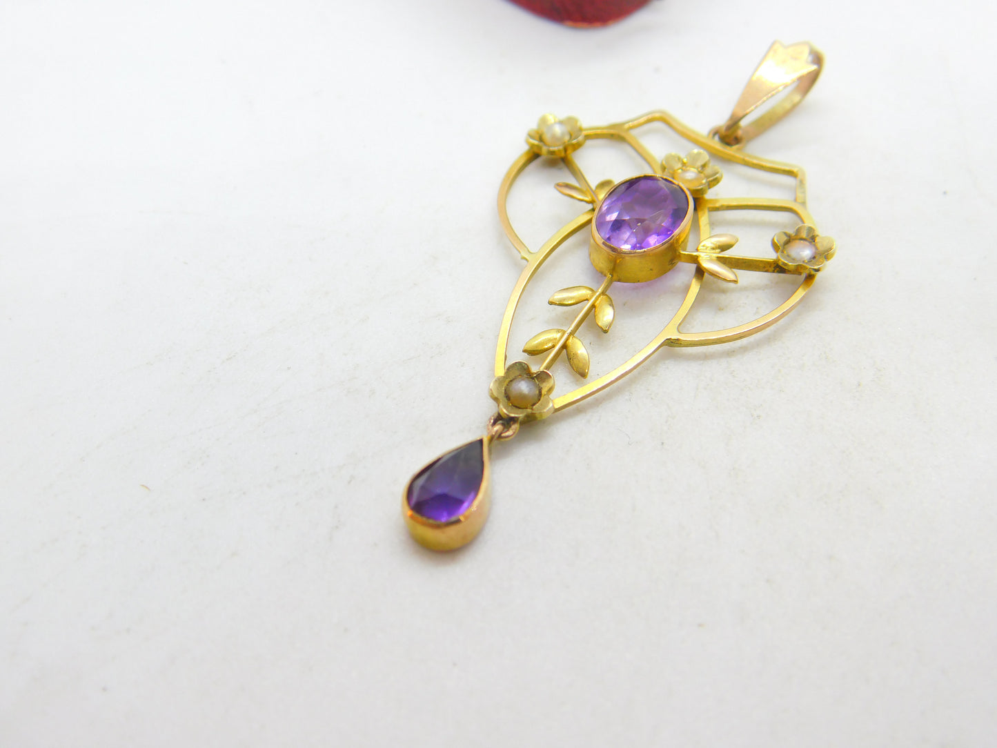 Edwardian 9ct Gold, Amethyst & Seed Pearl Lavalier Drop Pendant Antique c1910