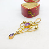 Edwardian 9ct Gold, Amethyst & Seed Pearl Lavalier Drop Pendant Antique c1910