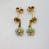 9ct Yellow Gold, Opal & Diamond Set Floral Stud Drop Earrings Antique c1930