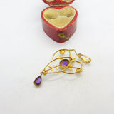 Edwardian 9ct Gold, Amethyst & Seed Pearl Lavalier Drop Pendant Antique c1910