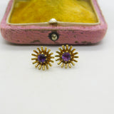 9ct Yellow Gold Amethyst Set Starburst Floral Stud Earrings 1987 Birmingham
