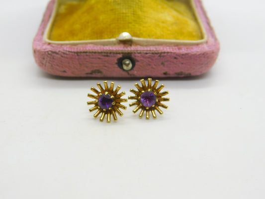 9ct Yellow Gold Amethyst Set Starburst Floral Stud Earrings 1987 Birmingham