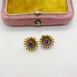 9ct Yellow Gold Amethyst Set Starburst Floral Stud Earrings 1987 Birmingham