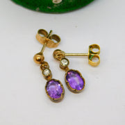 9ct Yellow Gold, Amethyst & Diamond Set Stud Drop Earrings Antique c1930
