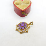 Edwardian 9ct Gold, Seed Pearl & Amethyst Floral Floral Drop Pendant c1910