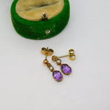 9ct Yellow Gold, Amethyst & Diamond Set Stud Drop Earrings Antique c1930