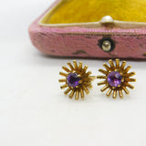 9ct Yellow Gold Amethyst Set Starburst Floral Stud Earrings 1987 Birmingham