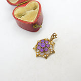 Edwardian 9ct Gold, Seed Pearl & Amethyst Floral Floral Drop Pendant c1910