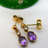 9ct Yellow Gold, Amethyst & Diamond Set Stud Drop Earrings Antique c1930
