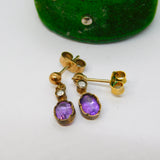 9ct Yellow Gold, Amethyst & Diamond Set Stud Drop Earrings Antique c1930